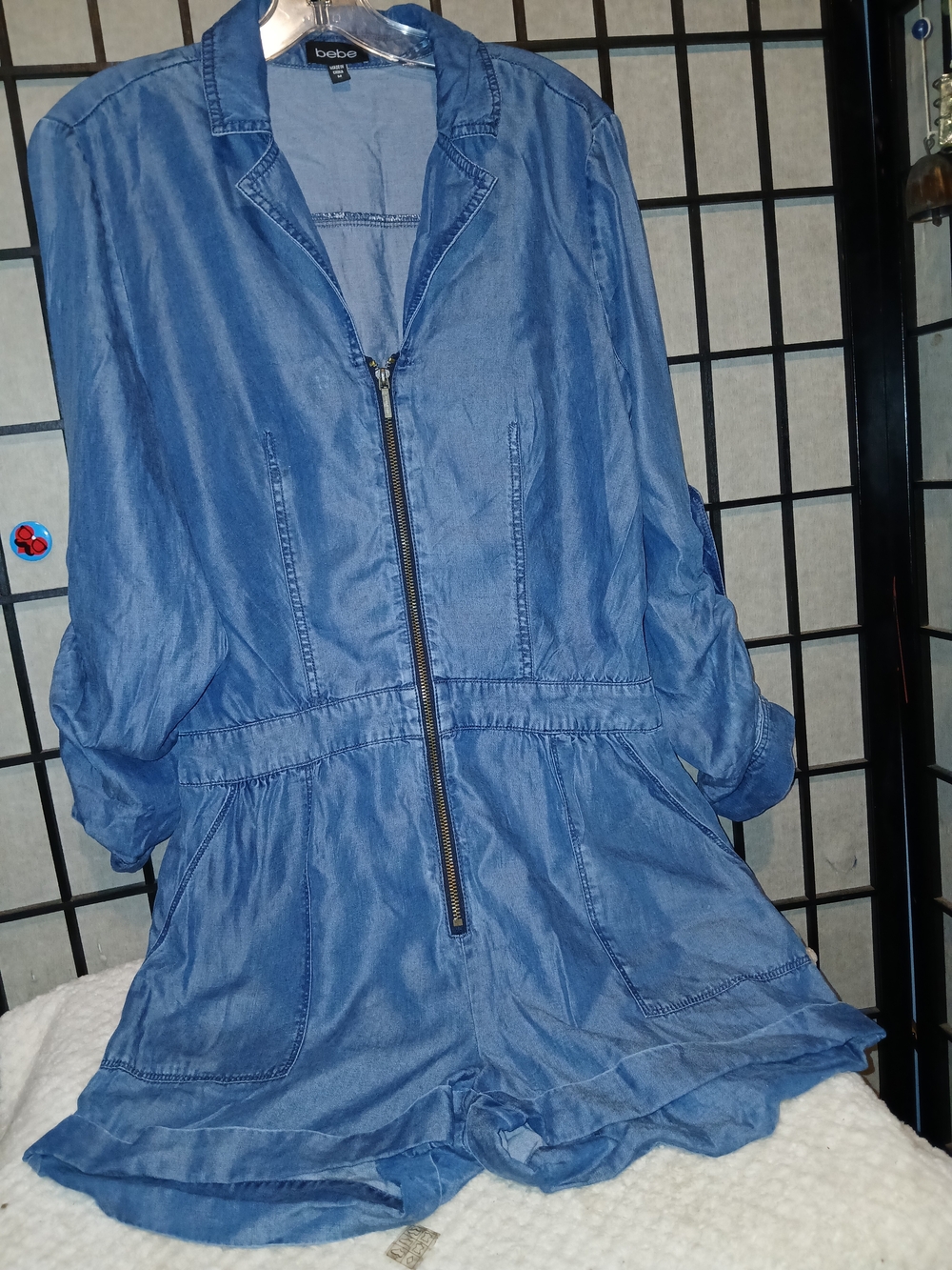 bebe Blue Denim Romper with Front Zip
